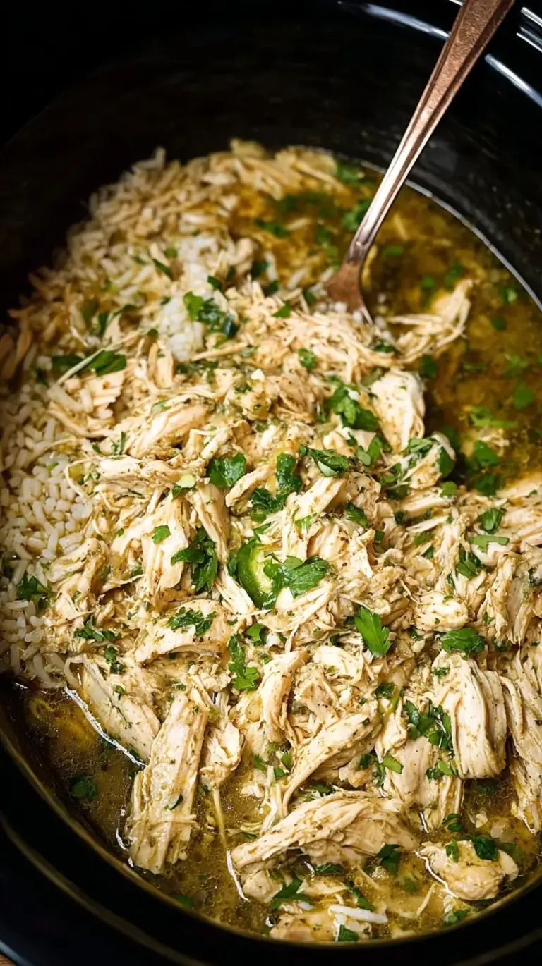 Shredded chicken in green salsa verde with fresh cilantro and lime in a slow cooker