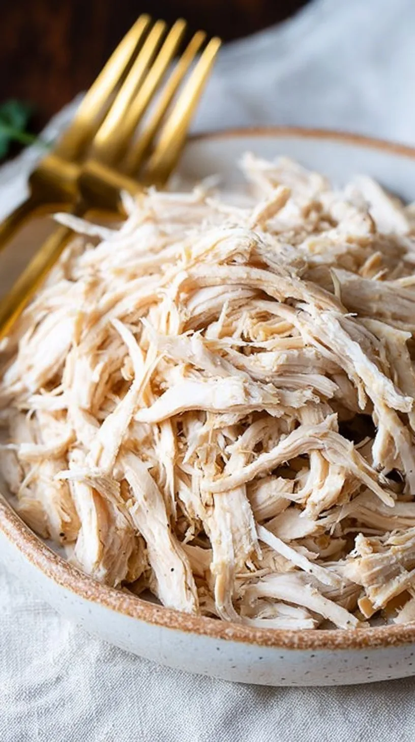 A bowl of tender, juicy shredded chicken prepared in a slow cooker with herbs.