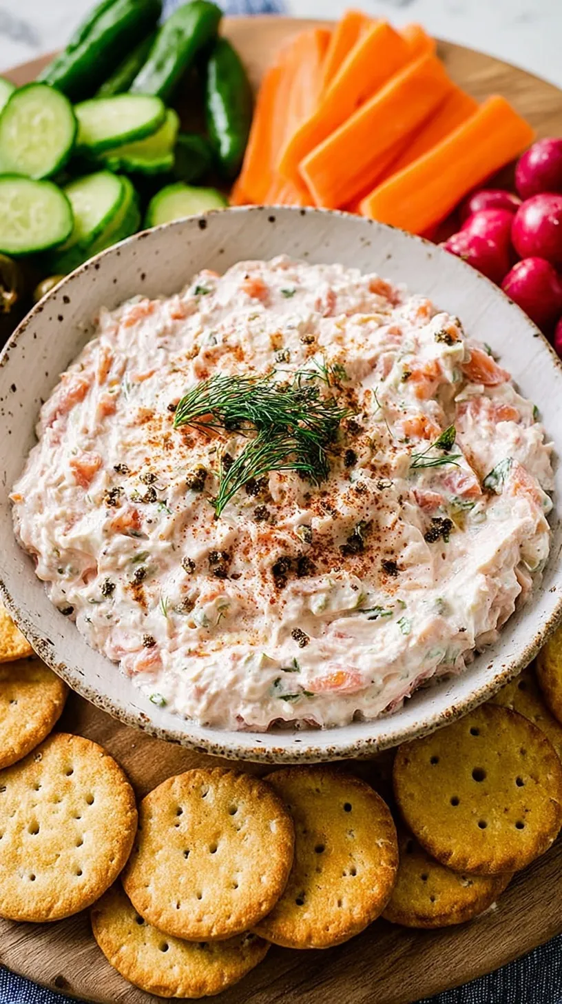 A bowl of creamy smoked salmon dip garnished with fresh dill and capers, served with crackers.