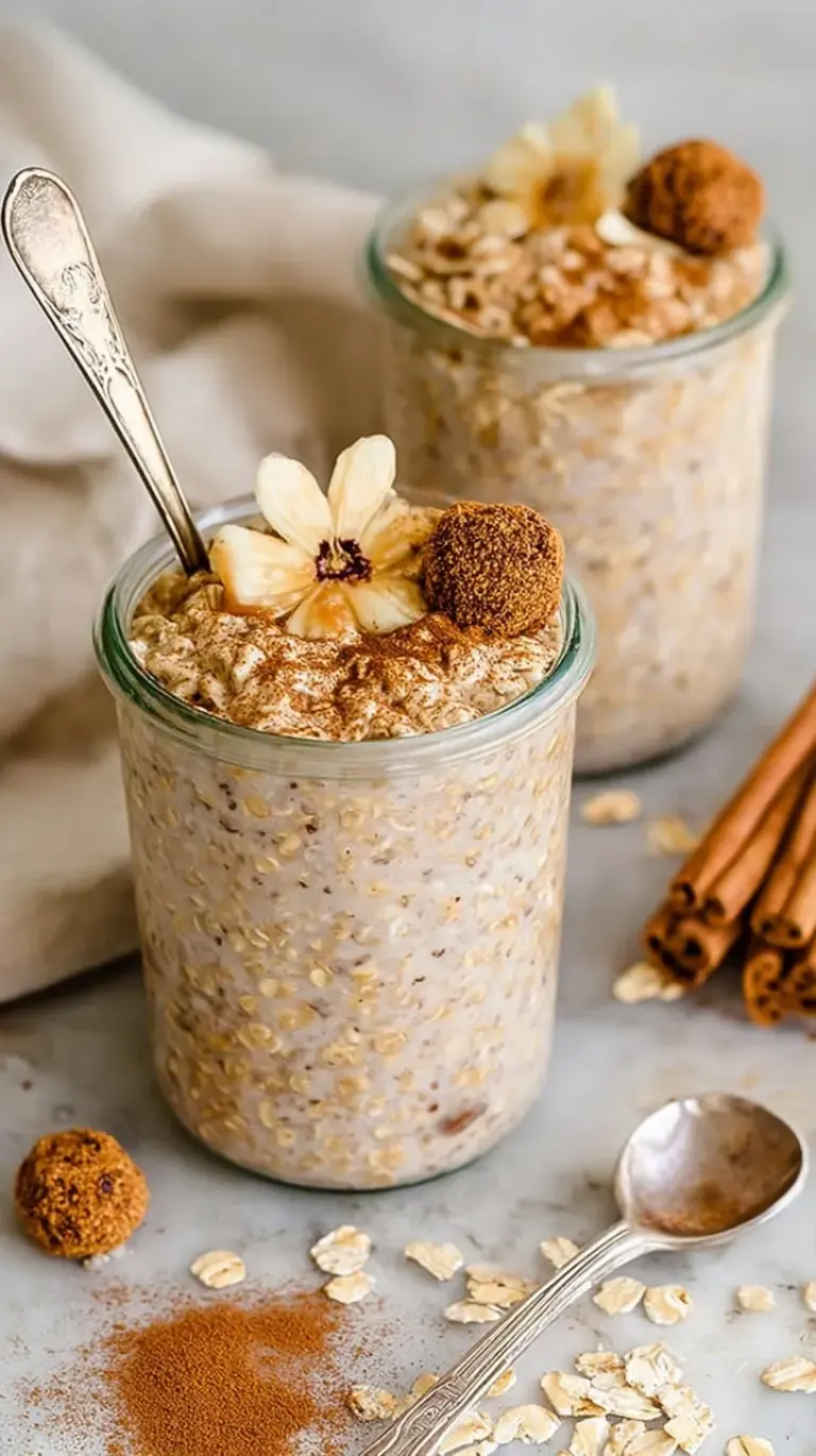 A glass jar filled with creamy cinnamon-spiced oats topped with a dash of cinnamon and almond butter.