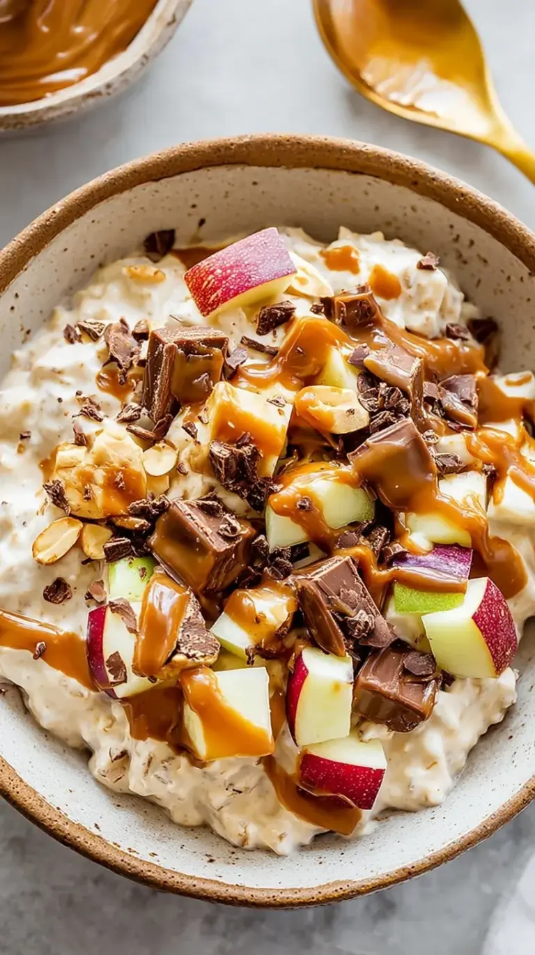 A creamy Snickers Salad Protein Bowl topped with diced green apples, peanuts, and caramel drizzle.