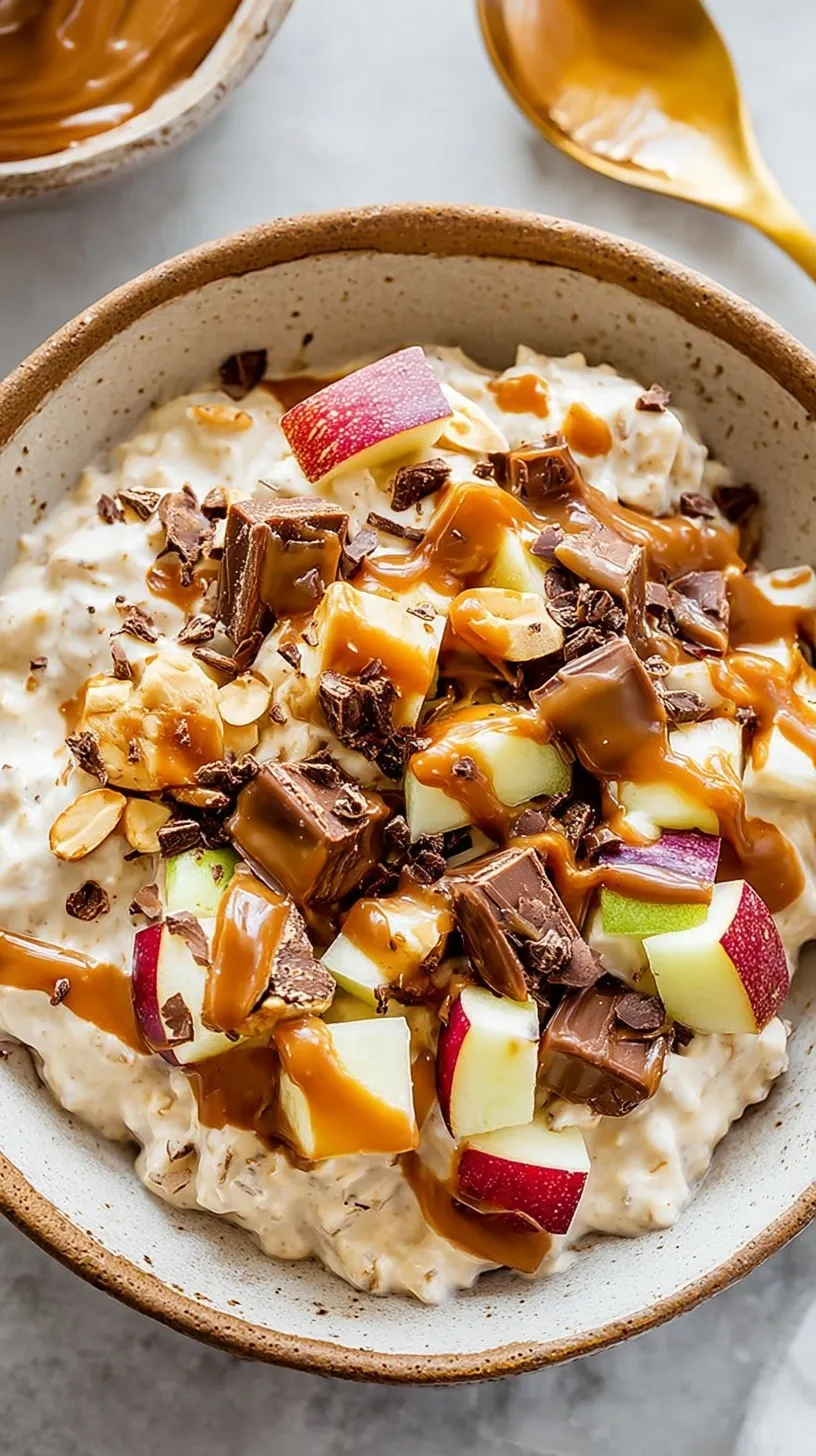 A creamy Snickers Salad Protein Bowl topped with diced green apples, peanuts, and caramel drizzle.