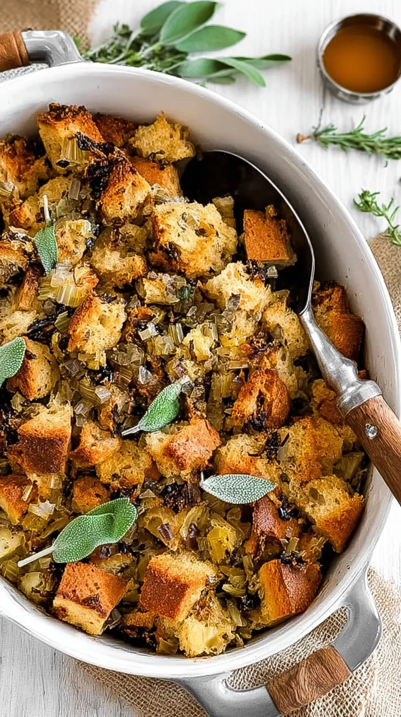A ceramic baking dish filled with golden brown sourdough stuffing and fresh green herbs.