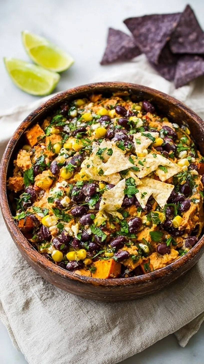 A vibrant orange sweet potato dip with black beans and fresh cilantro in a ceramic bowl.