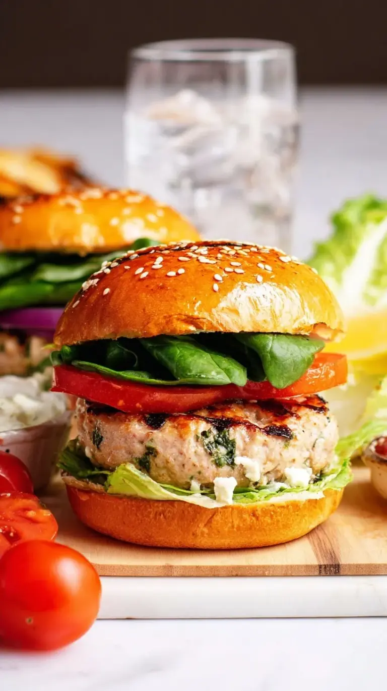 Golden-brown turkey burgers filled with green spinach and white feta cheese on a plate
