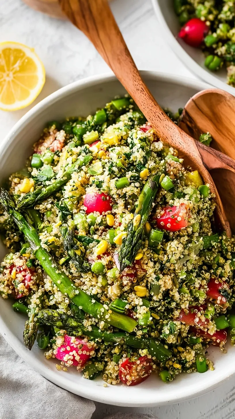 A colorful bowl of Spring Quinoa Salad with asparagus, peas, radishes, and feta cheese.