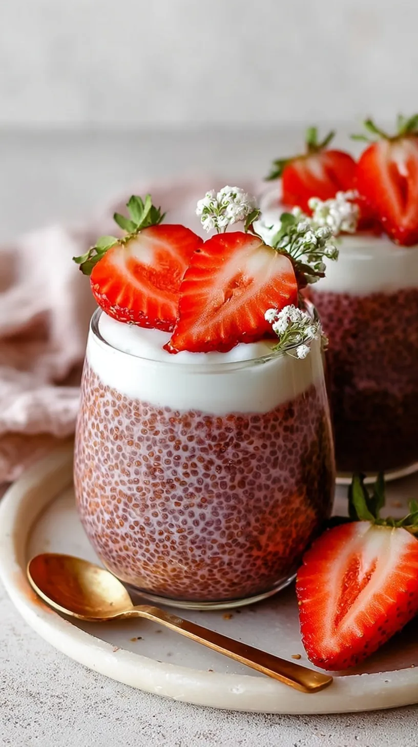 A glass jar filled with pink strawberry chia pudding topped with fresh sliced strawberries and a mint leaf.