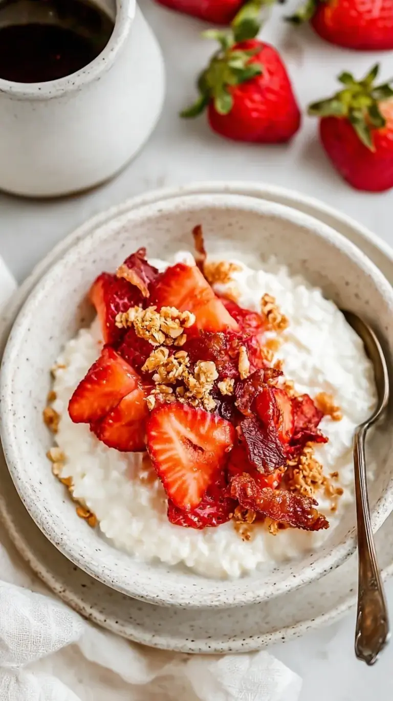 A vibrant breakfast bowl with creamy cottage cheese, sliced strawberries, and sliced almonds.
