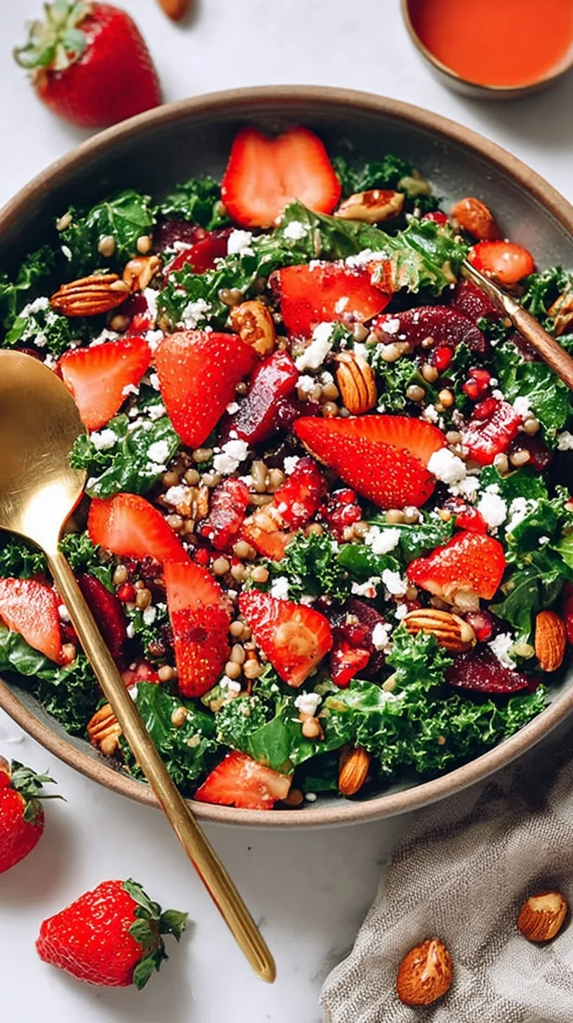 A vibrant Strawberry Kale Salad with sliced berries, feta cheese, and toasted walnuts in a large bowl.