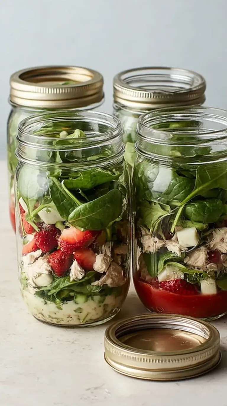 A vibrant Strawberry Spinach Mason Jar Salad layered with fresh berries, goat cheese, and balsamic vinaigrette.