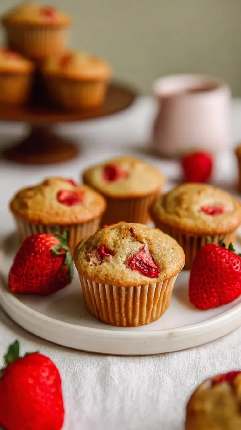 A stack of golden brown strawberry yogurt muffins with visible juicy berry pieces on a wire cooling rack.