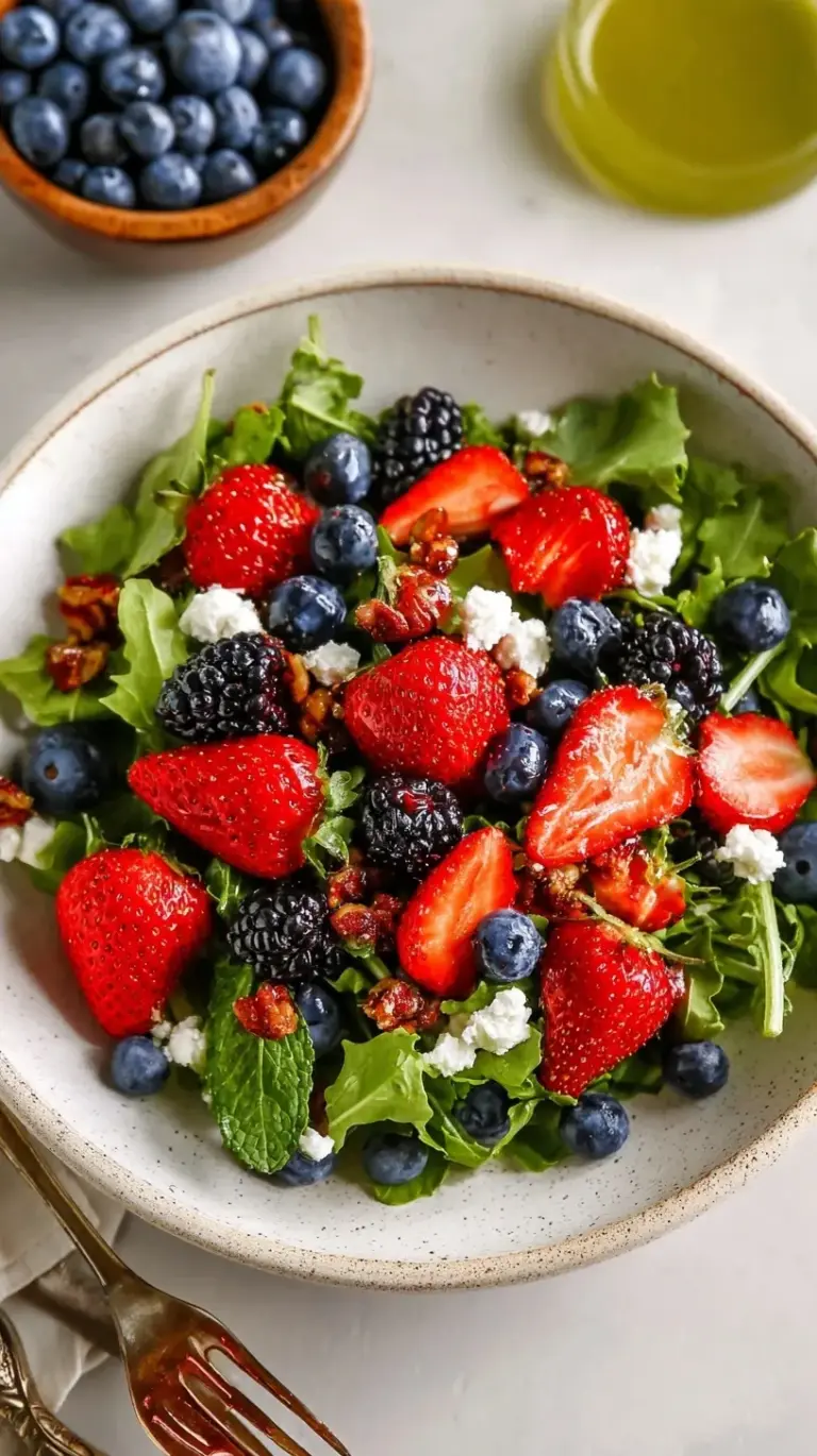 A vibrant glass bowl filled with fresh strawberries, blueberries, raspberries, and blackberries tossed in a lime dressing and topped with mint.