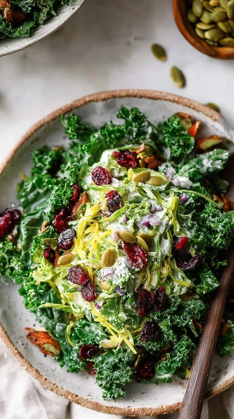A colorful bowl of sweet kale salad with cranberries and pumpkin seeds.
