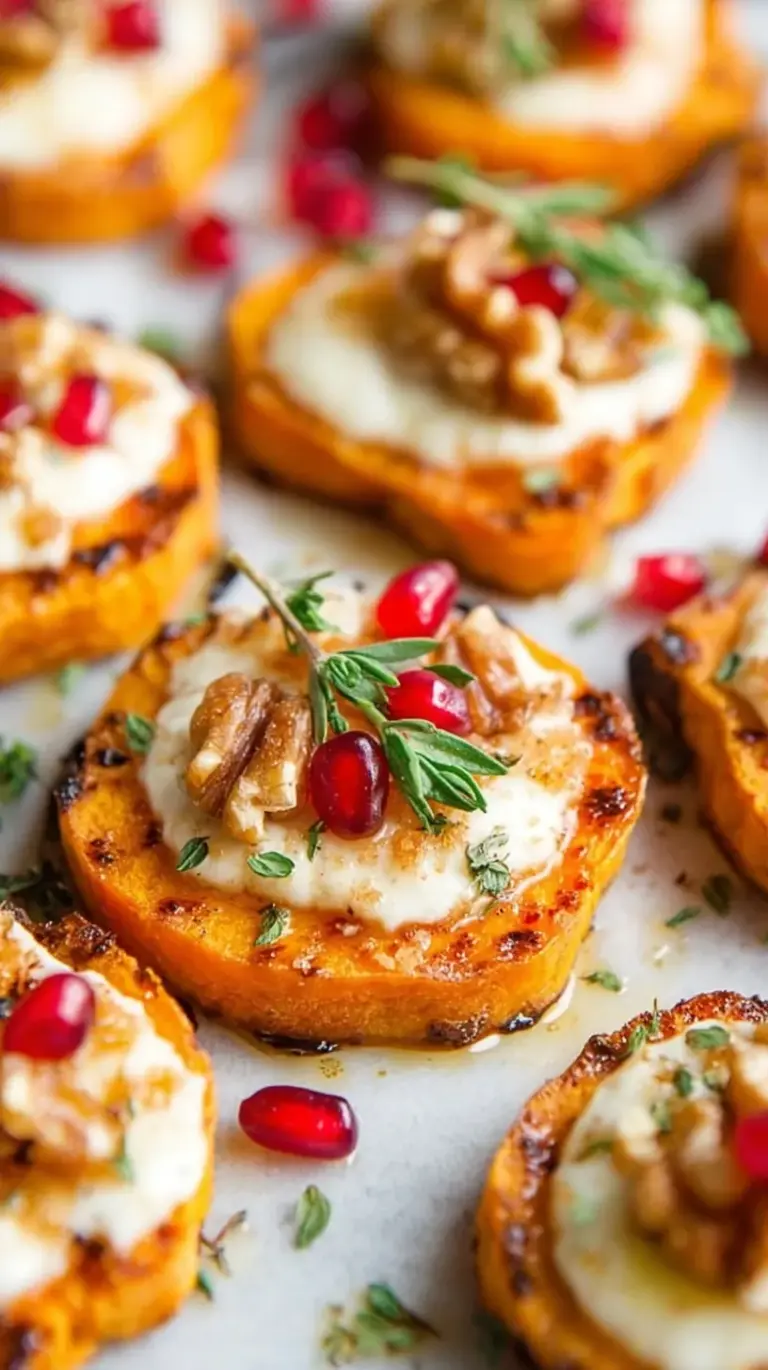 Roasted sweet potato rounds topped with goat cheese, pecans, and cranberries on a wooden serving board.