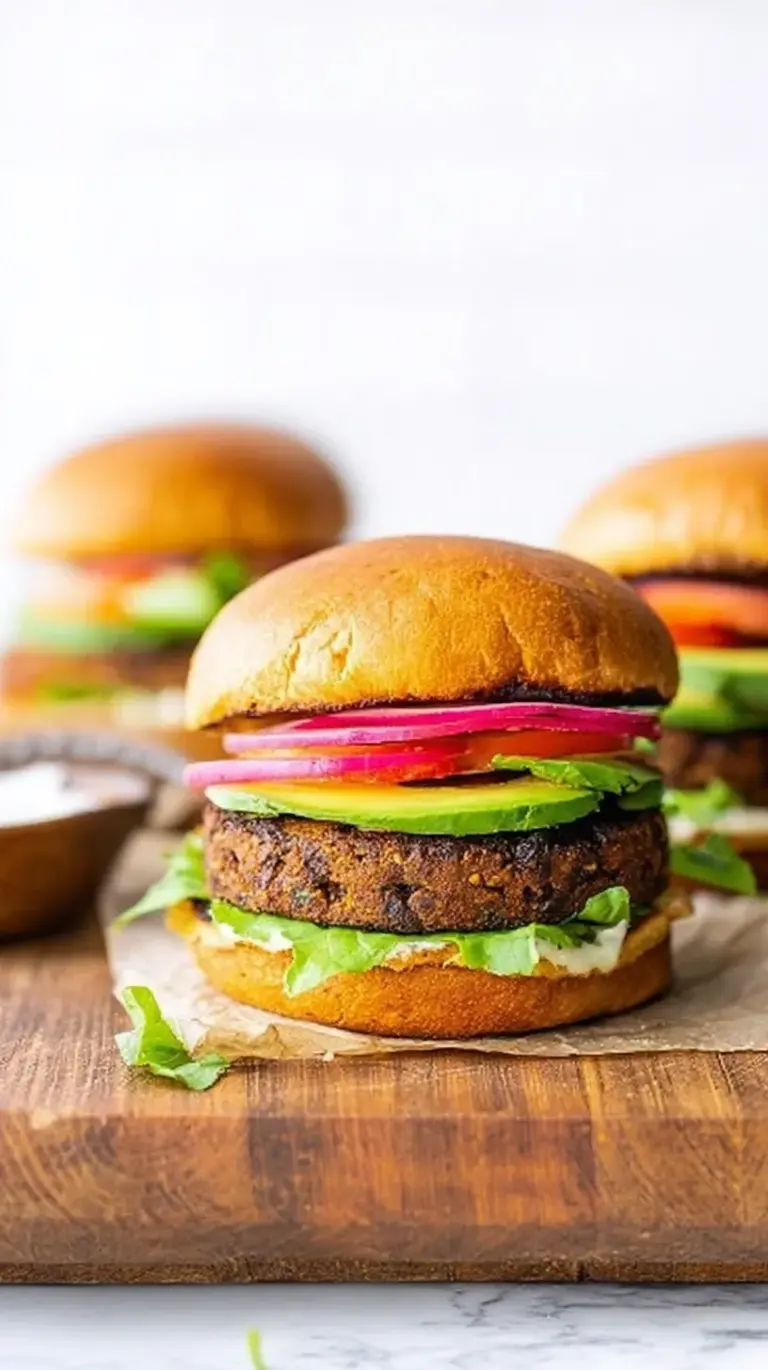Golden brown sweet potato and black bean burger patty on a bun with avocado and greens