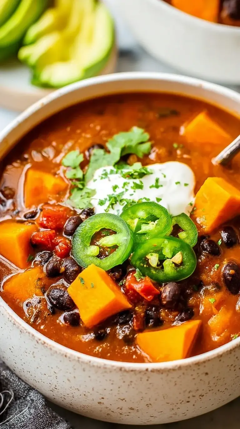 A steaming bowl of colorful sweet potato and black bean chili topped with fresh avocado and cilantro.