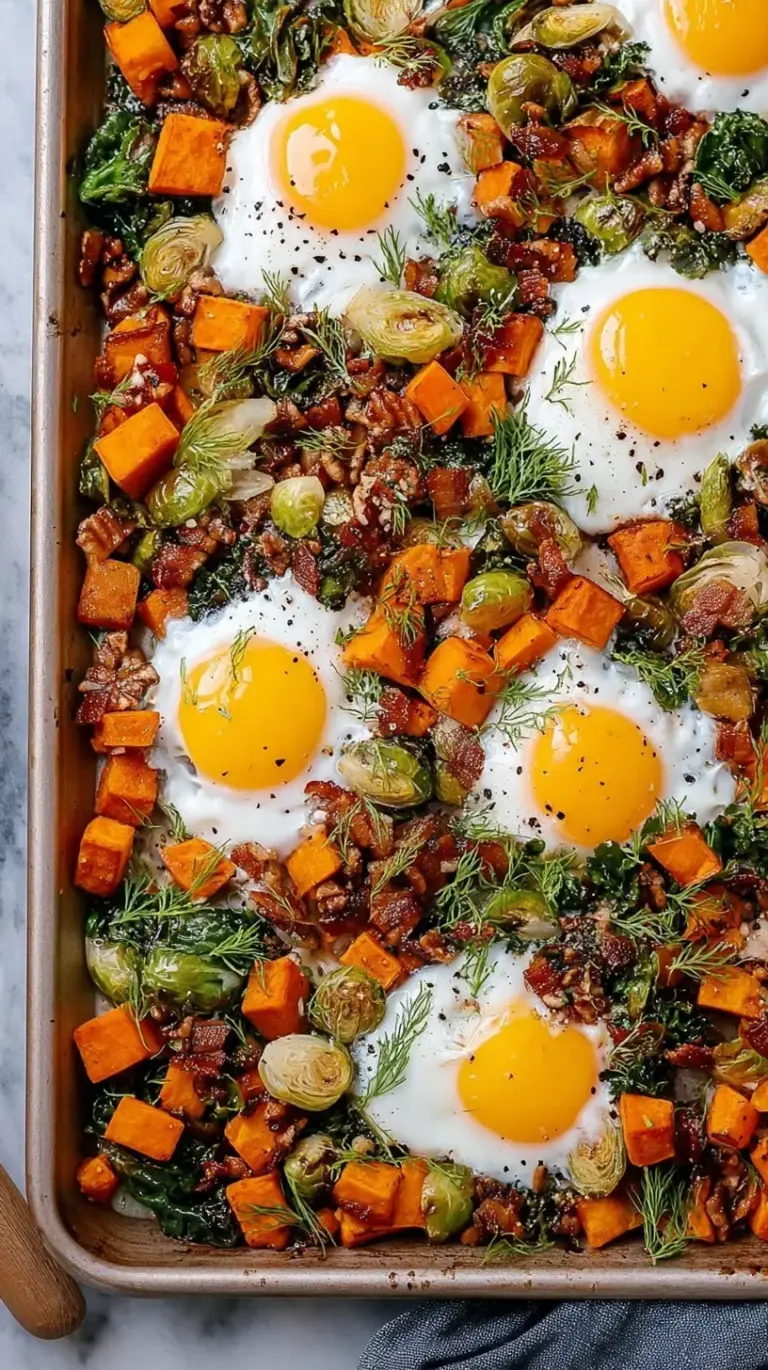A colorful skillet filled with diced sweet potatoes, red bell peppers, and onions garnished with fresh parsley.