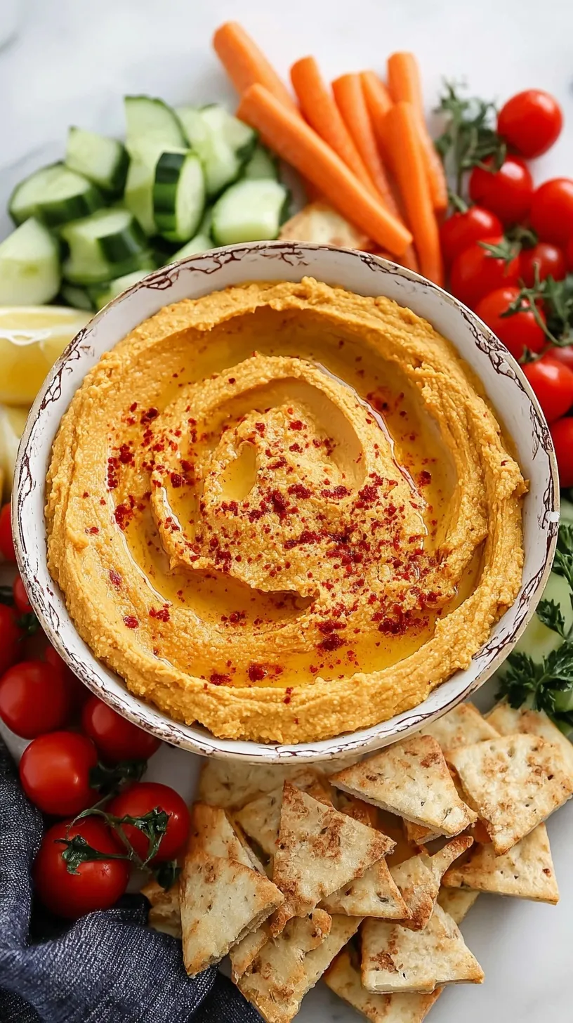 A bowl of vibrant orange sweet potato hummus garnished with olive oil and paprika.