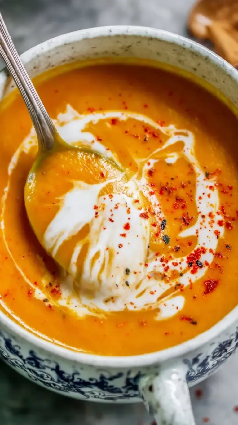 A bowl of vibrant orange roasted sweet potato soup topped with a swirl of cream and fresh herbs.