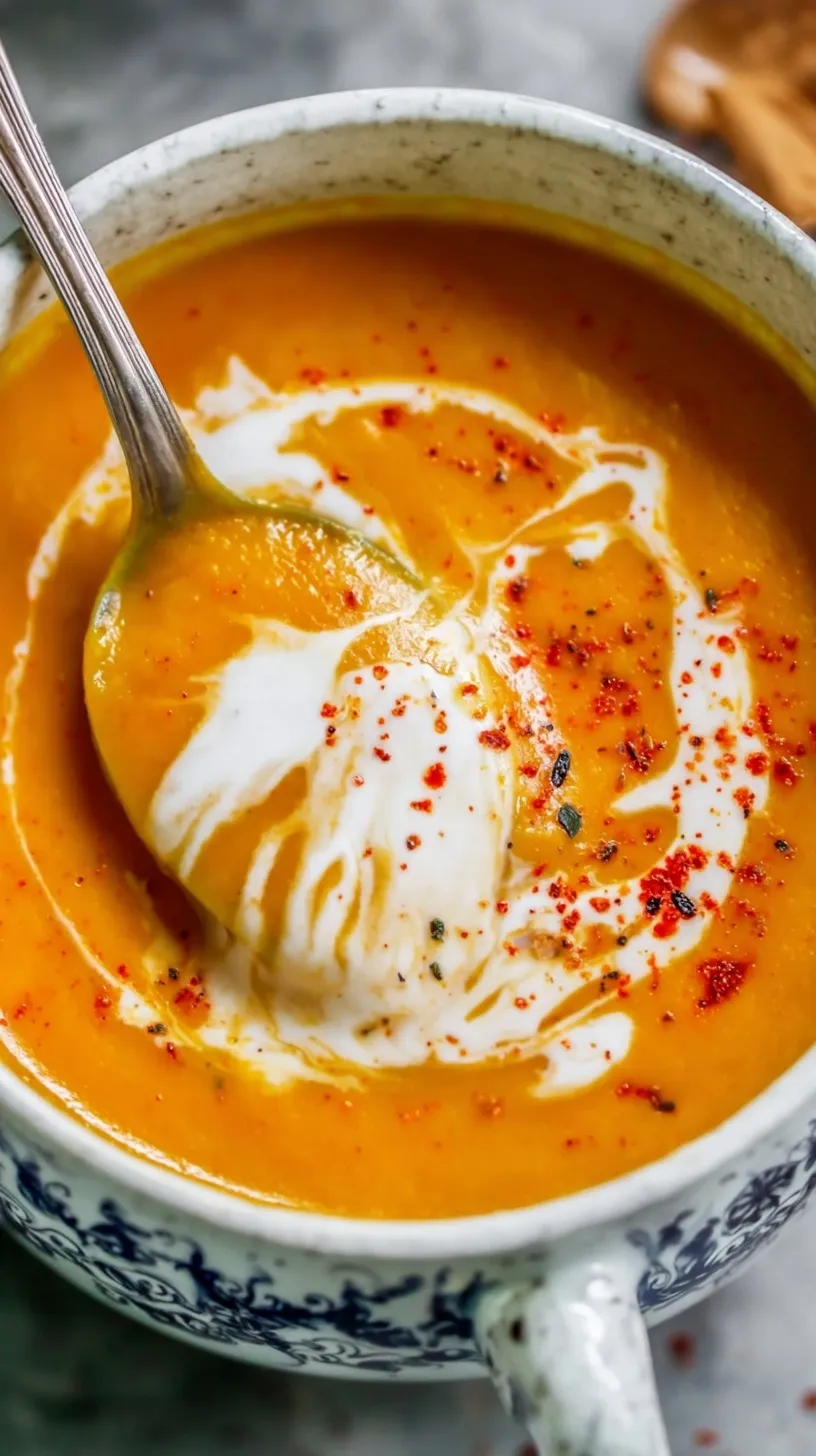 A bowl of vibrant orange roasted sweet potato soup topped with a swirl of cream and fresh herbs.