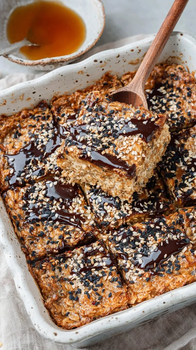 A golden brown dish of tahini baked oatmeal topped with toasted sesame seeds