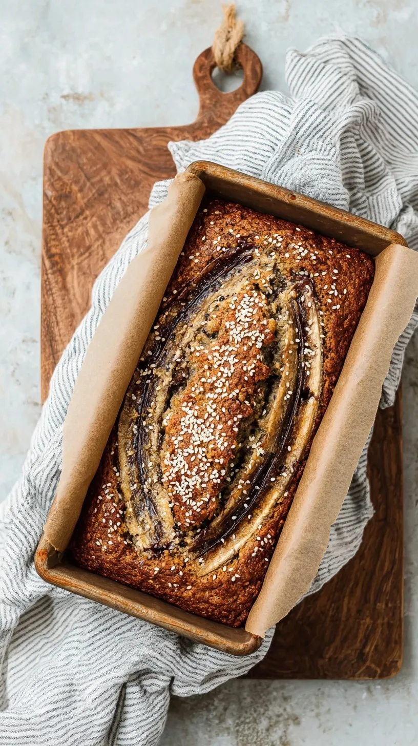 A golden brown loaf of Tahini Banana Bread topped with toasted sesame seeds on a wire rack.