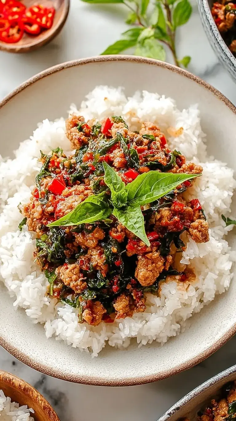 A vibrant plate of minced Thai Basil Chicken served over white rice with a crispy fried egg on top.