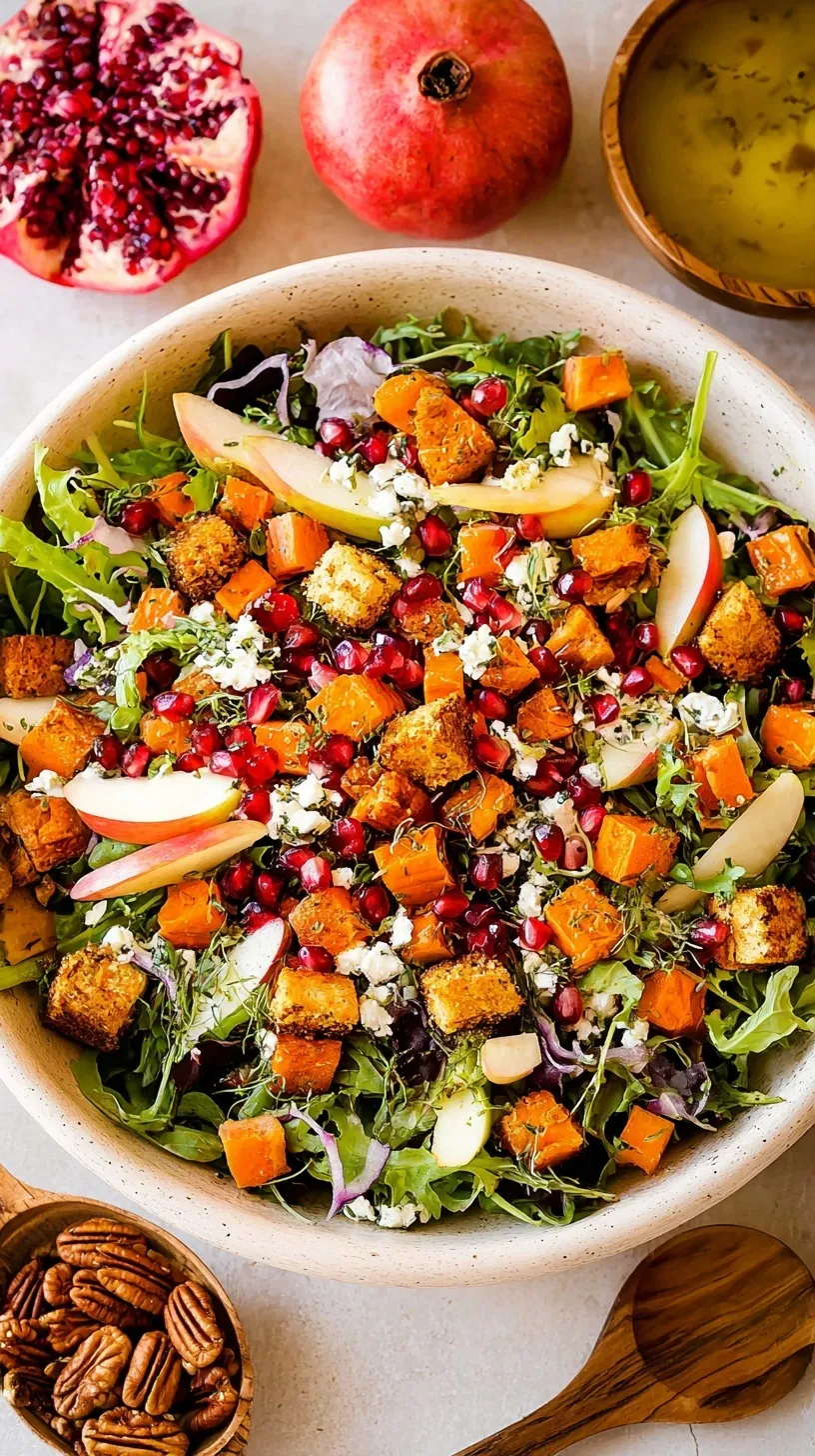 A vibrant Harvest Thanksgiving Salad with roasted butternut squash, pecans, and goat cheese on a bed of greens.
