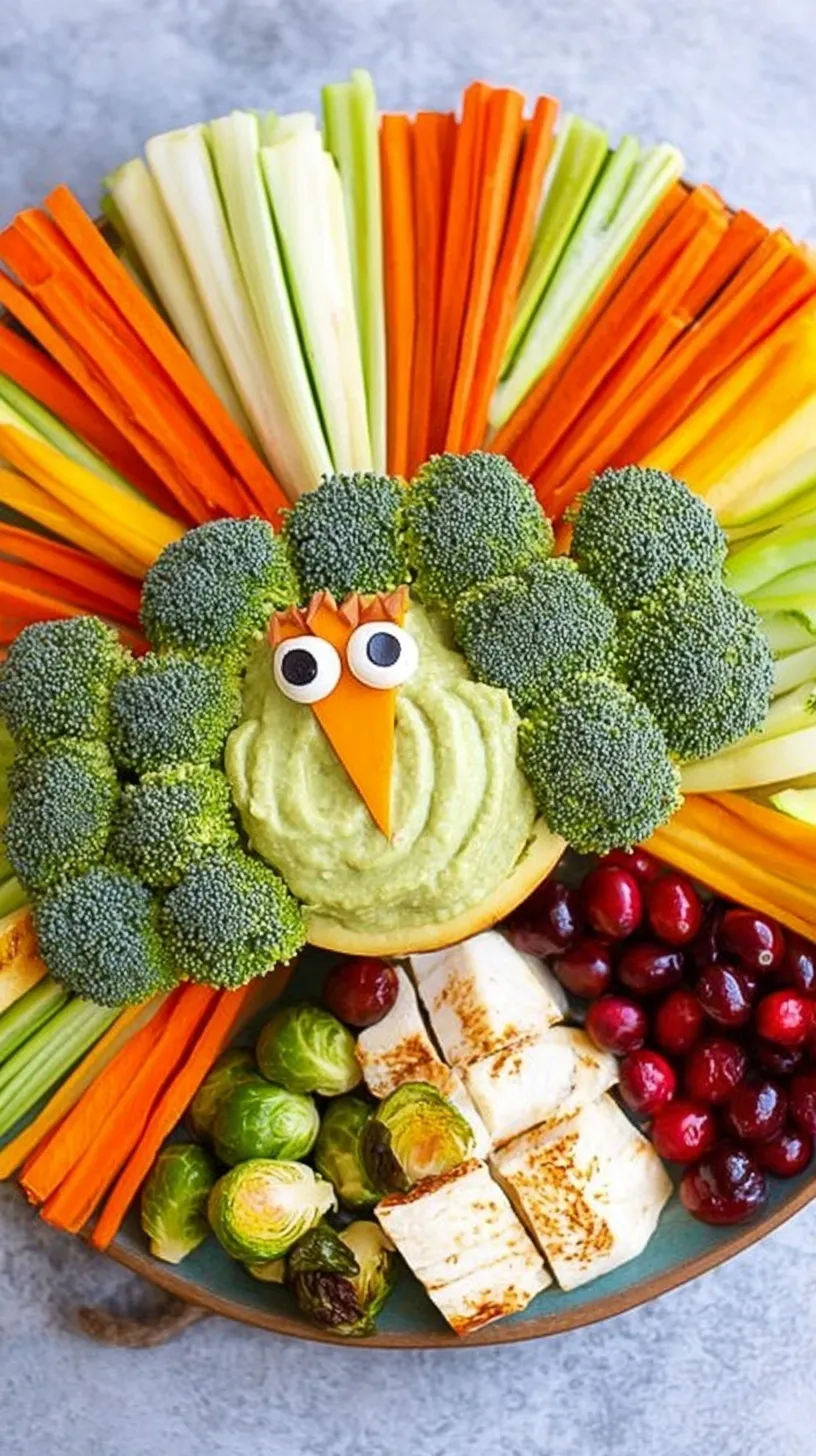 A colorful vegetable platter arranged in the shape of a turkey with bell peppers, broccoli, and carrots.