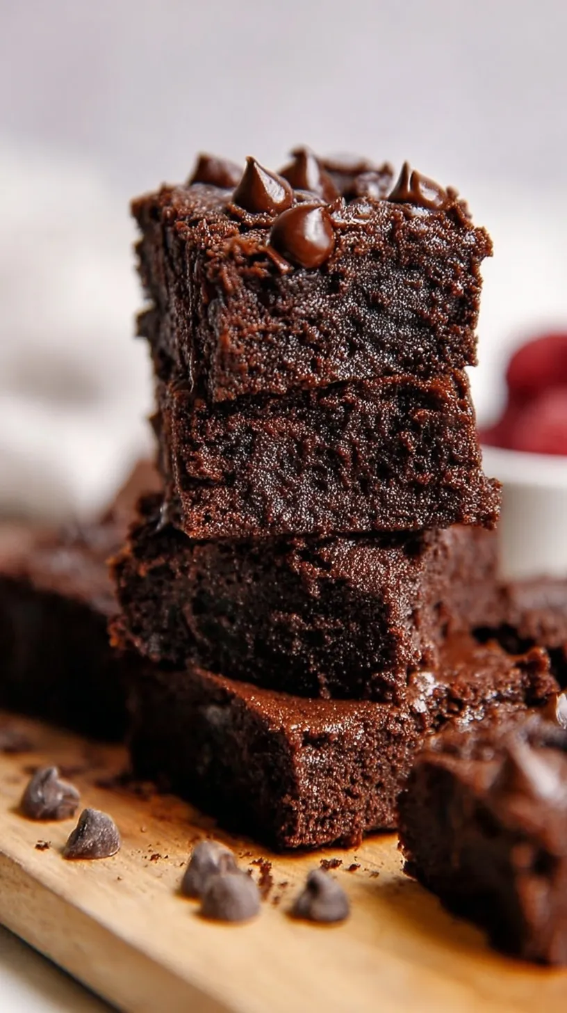 A stack of dense, fudgy chocolate protein brownies topped with mini chocolate chips on parchment paper.