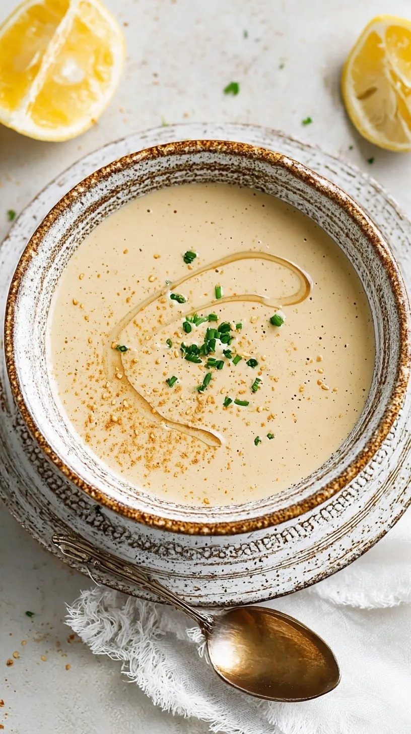 A creamy bowl of homemade tahini sauce with a silver whisk and fresh lemon slices.