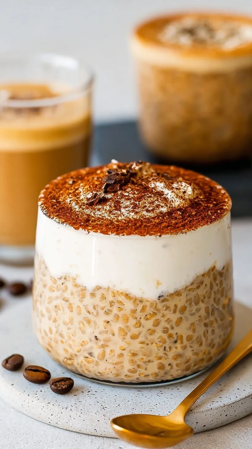 Two glass jars filled with layered coffee-soaked oats and a creamy mascarpone topping dusted with cocoa powder.