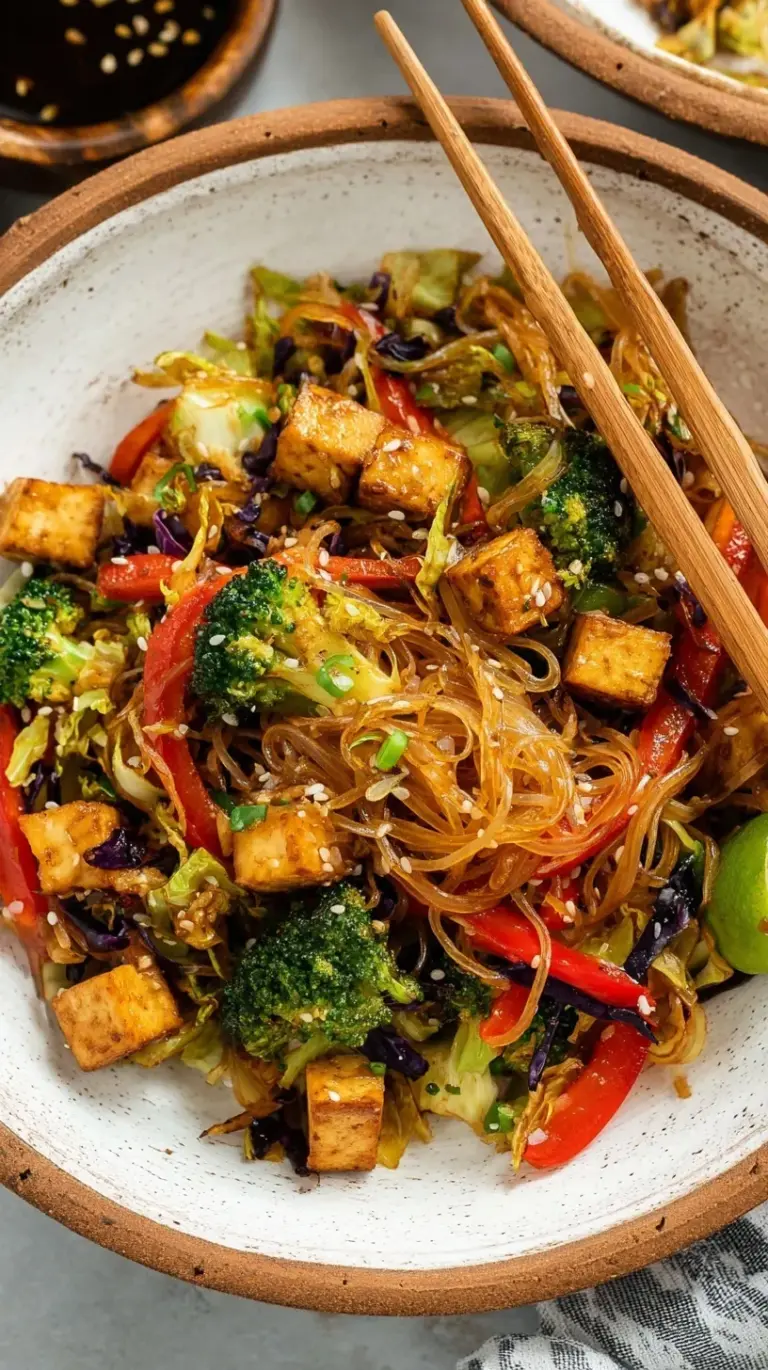 A colorful bowl of golden tofu, shredded cabbage, and wheat noodles in a dark soy sauce.
