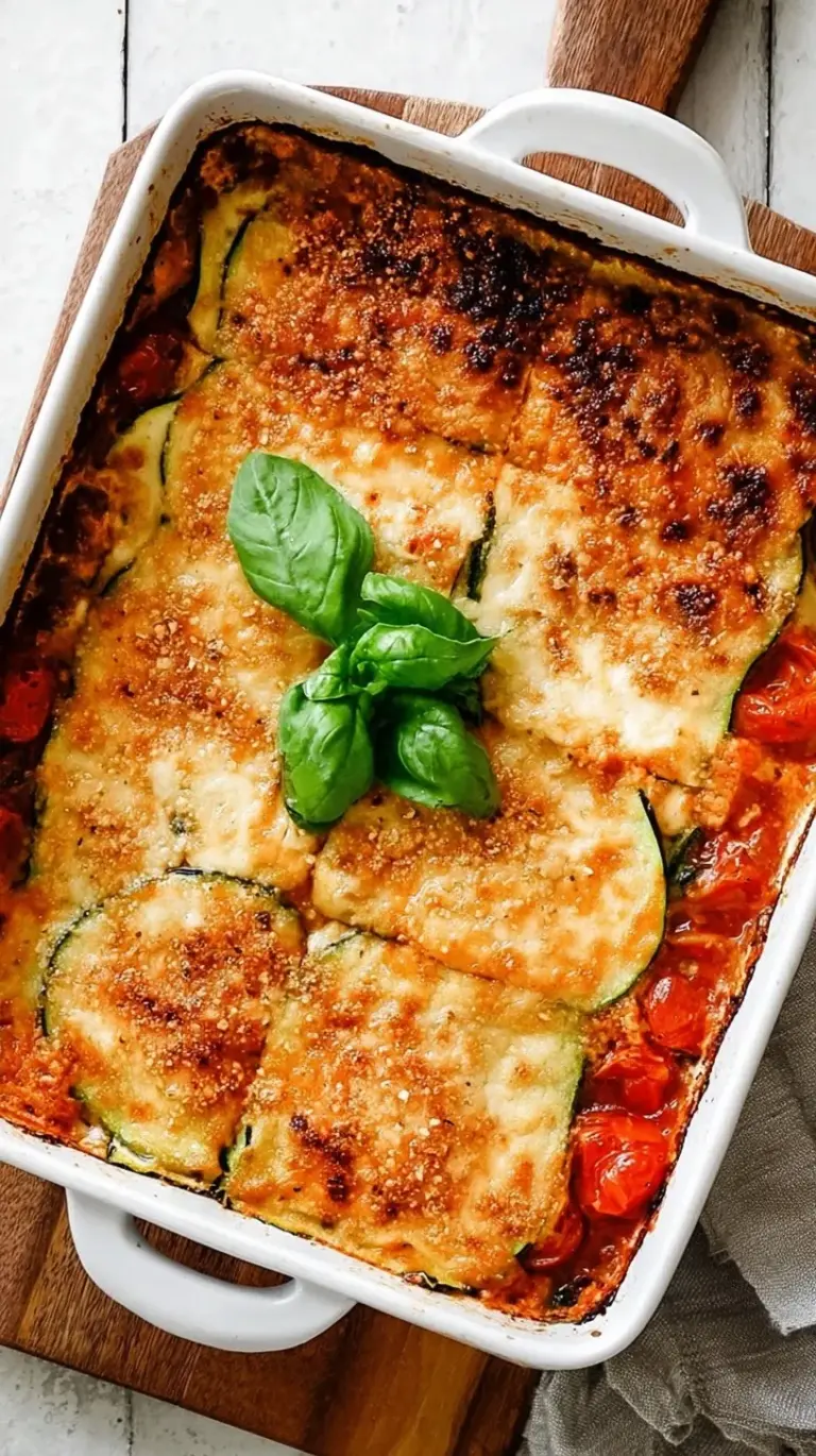 A colorful Tofu Zucchini Lasagna with melted vegan cheese and fresh spinach.