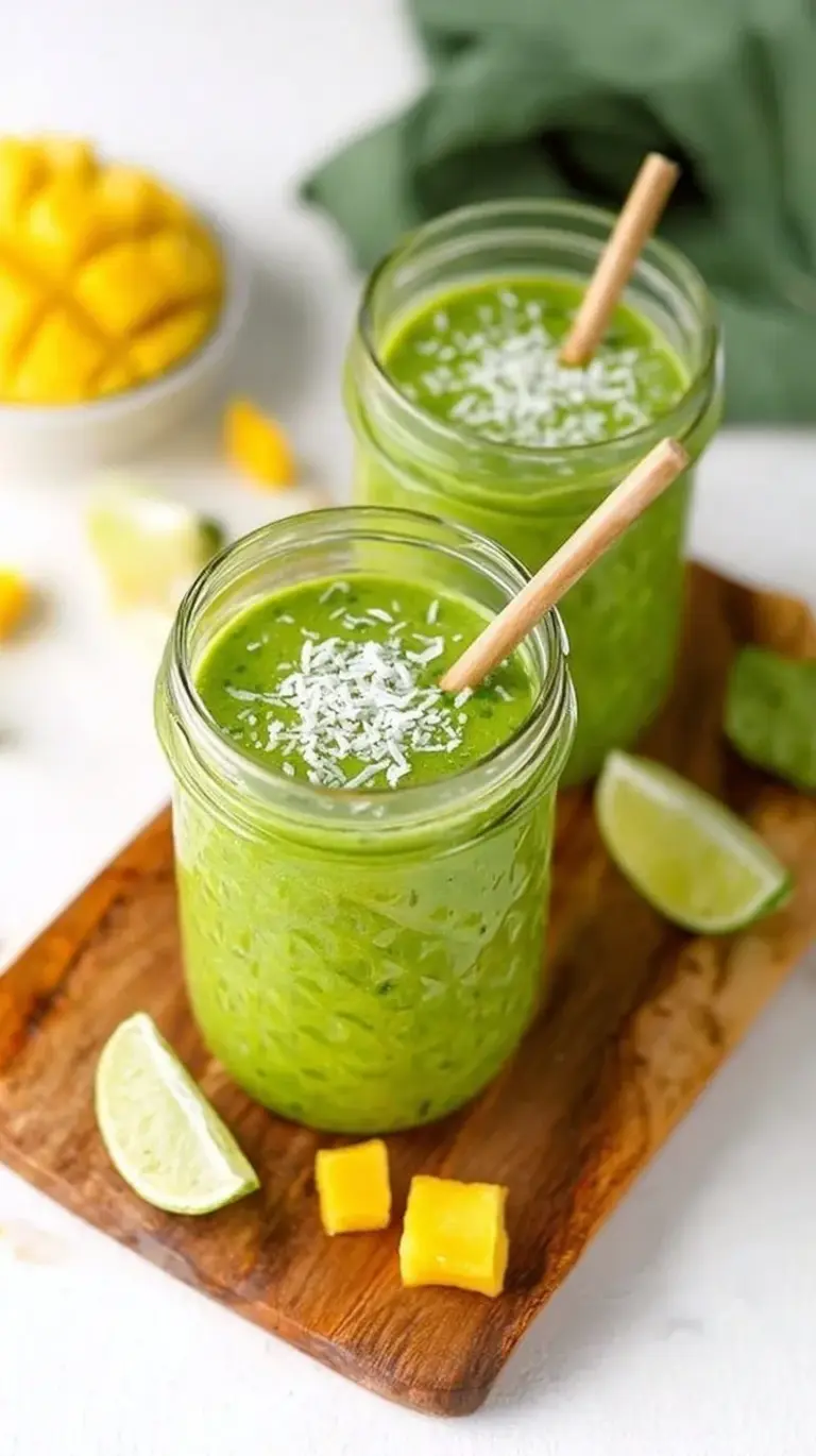 A vibrant green smoothie in a glass with a lime garnish and tropical fruit nearby