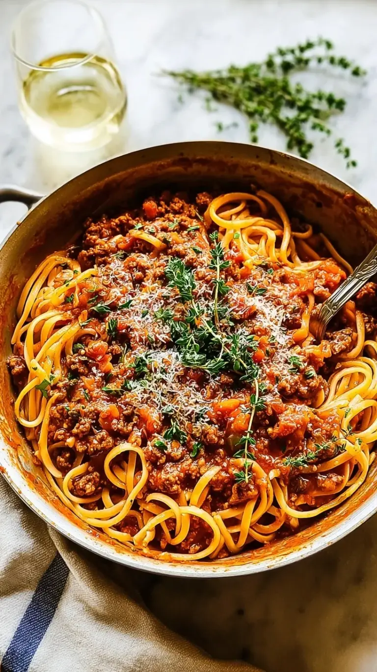 A white bowl filled with pasta topped with rich, red turkey bolognese sauce and fresh parmesan cheese.