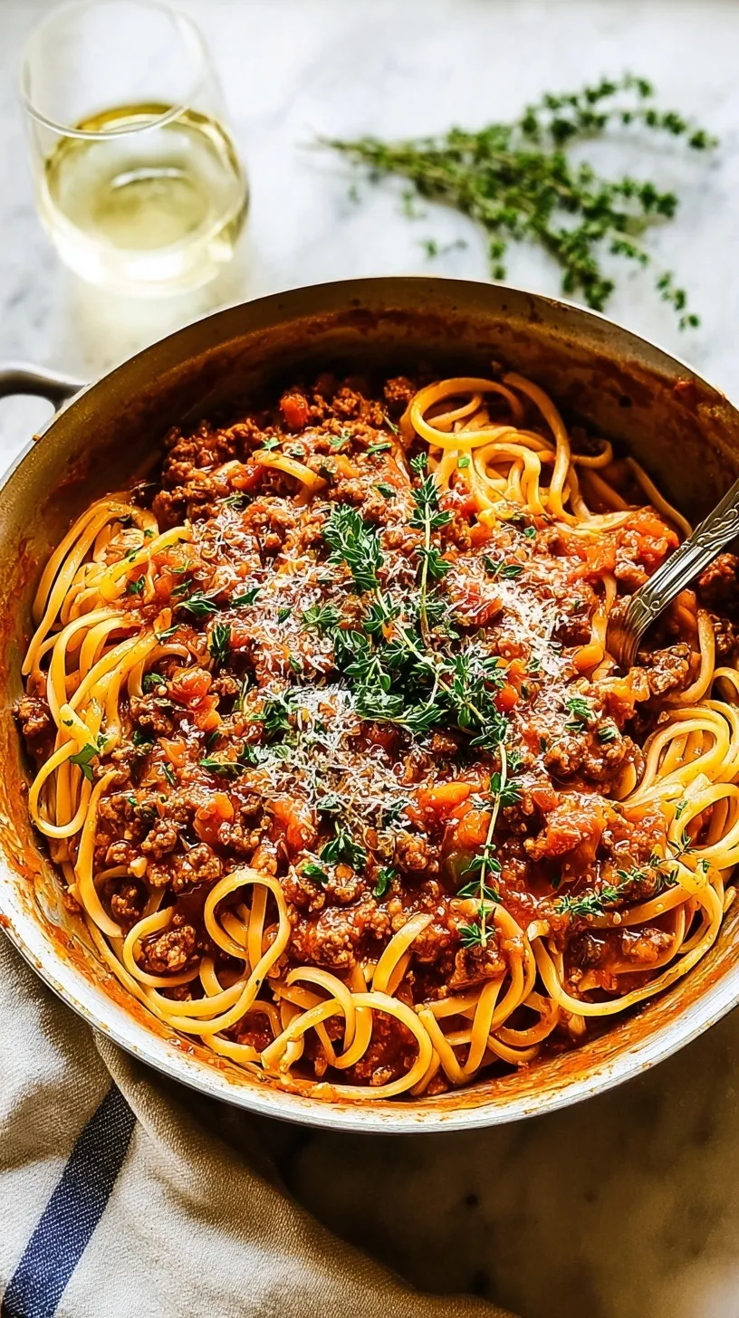 A white bowl filled with pasta topped with rich, red turkey bolognese sauce and fresh parmesan cheese.