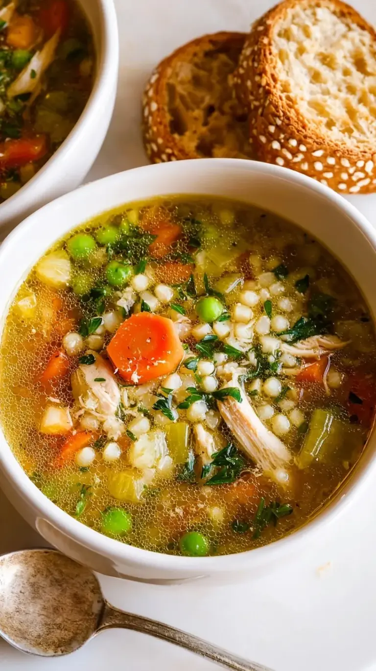 A steaming bowl of turkey noodle soup with carrots, celery, and wide egg noodles