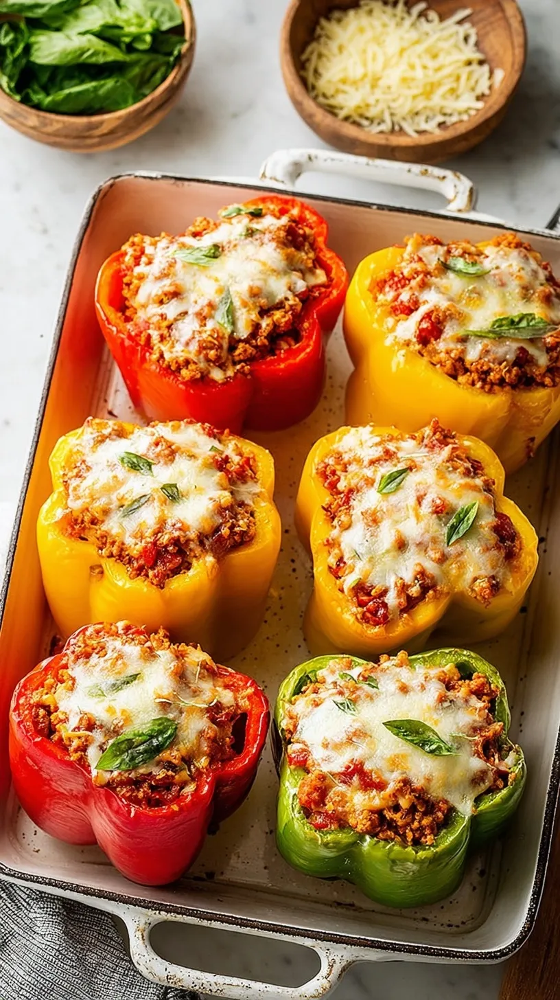 Four colorful bell peppers stuffed with ground turkey, rice, and melted mozzarella cheese in a baking dish.