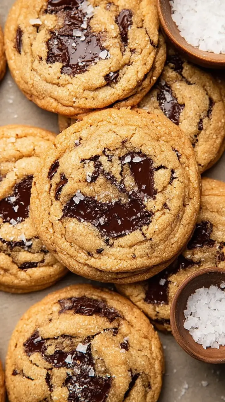 A stack of chewy brown butter chocolate chip cookies with melted chocolate and flaky sea salt.