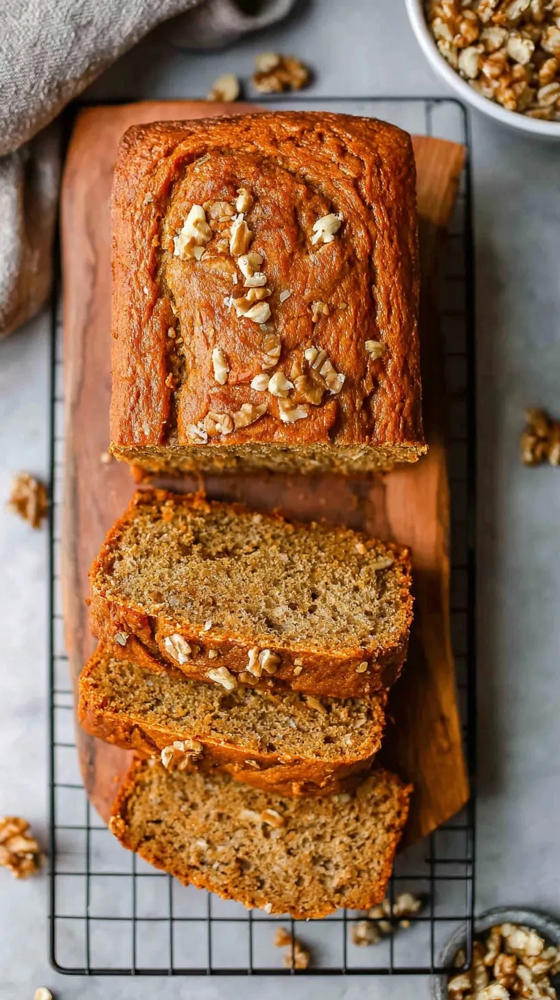 A golden loaf of vegan banana bread sliced on a wooden board with ripe bananas nearby.