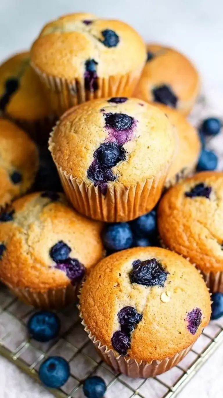 A close-up of golden brown vegan blueberry muffins with fresh berries.