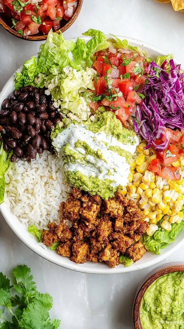 A colorful Vegan Burrito Bowl with black beans, corn, fresh tomato salsa, and sliced avocado over brown rice.