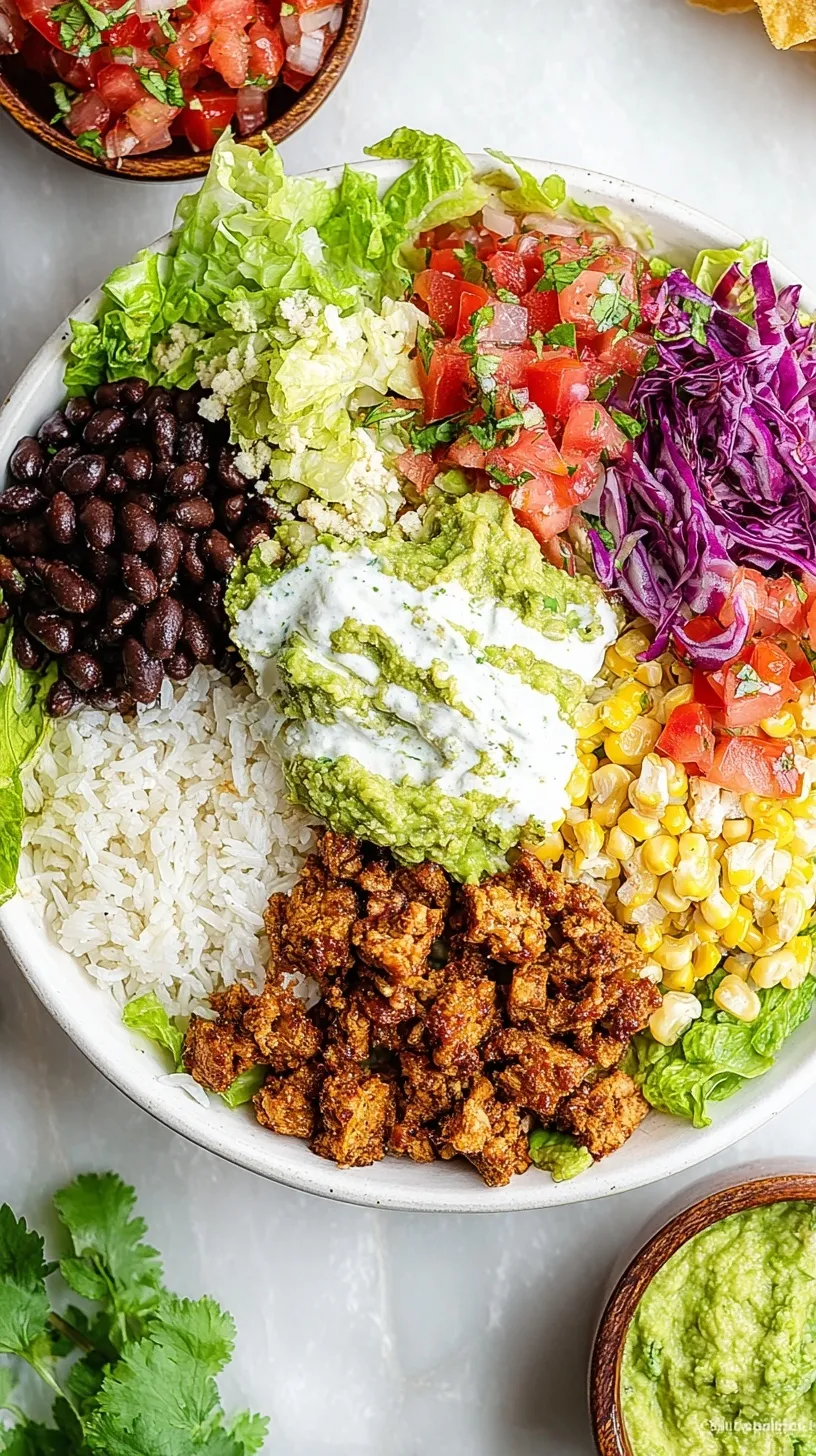 A colorful Vegan Burrito Bowl with black beans, corn, fresh tomato salsa, and sliced avocado over brown rice.