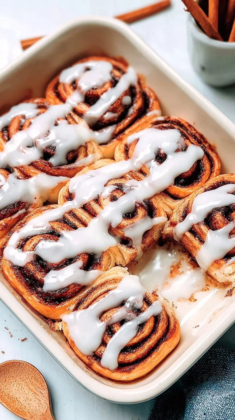 A tray of golden brown vegan cinnamon rolls drizzled with white sugar glaze.