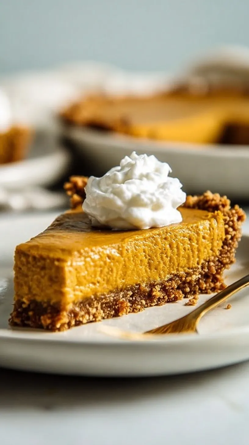 A slice of smooth vegan pumpkin pie in a flaky crust topped with dairy-free whipped cream.