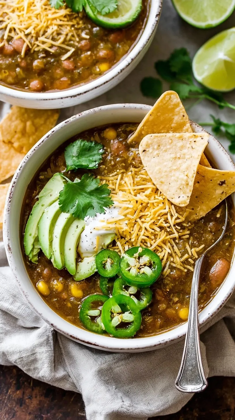 A bowl of vibrant green chili topped with fresh cilantro and avocado slices