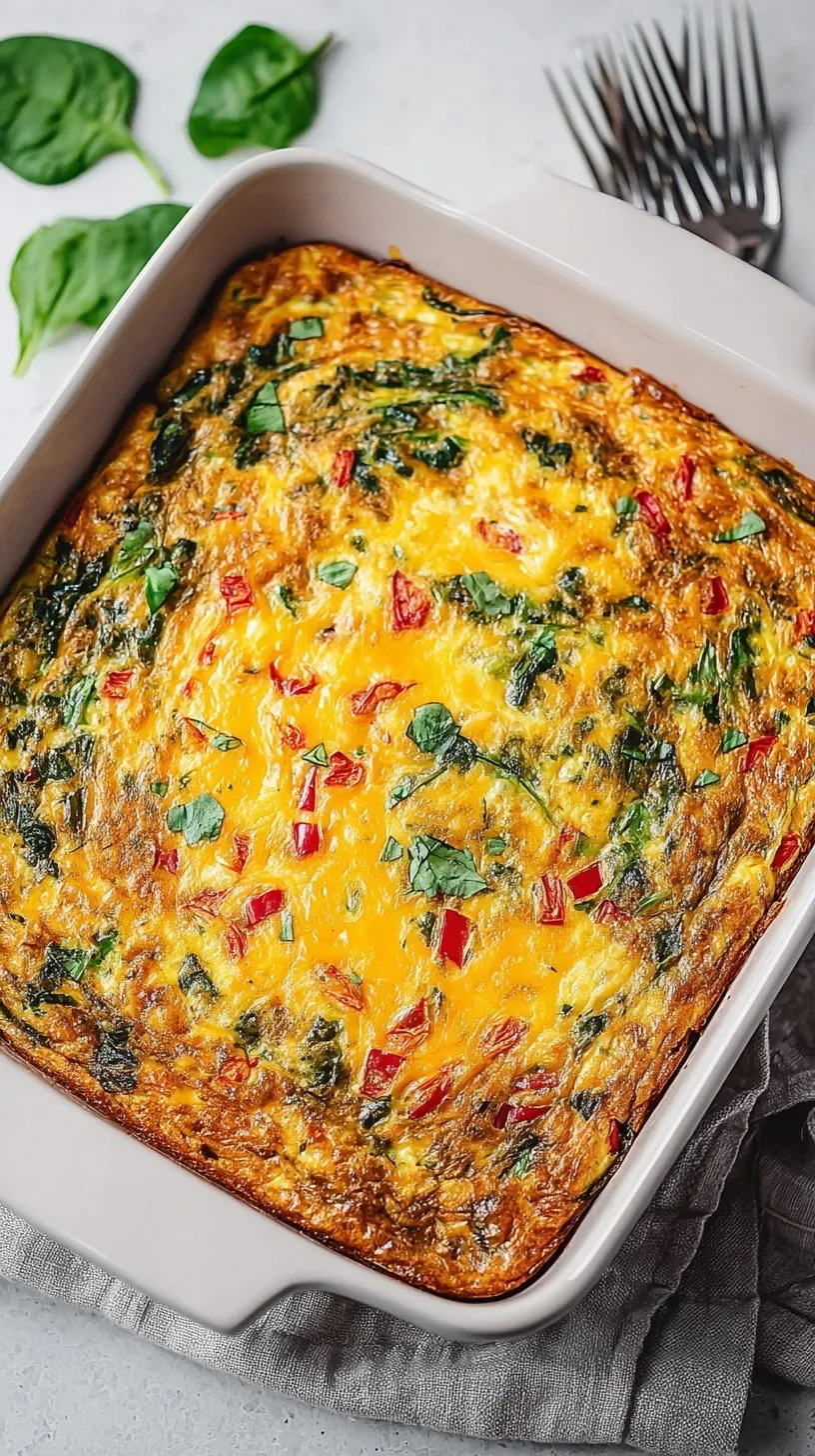 A golden-brown vegetarian hash brown breakfast casserole with melted cheddar cheese and fresh spinach in a white baking dish.