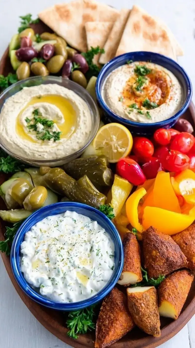 A colorful vegetarian mezze platter with hummus, pita, falafel, and fresh vegetables on a large serving board.