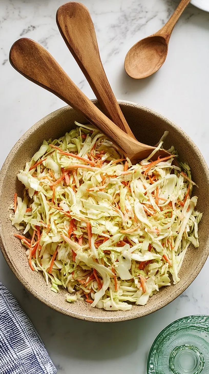 A large bowl of vibrant green cabbage and orange carrots tossed in a clear vinegar dressing.